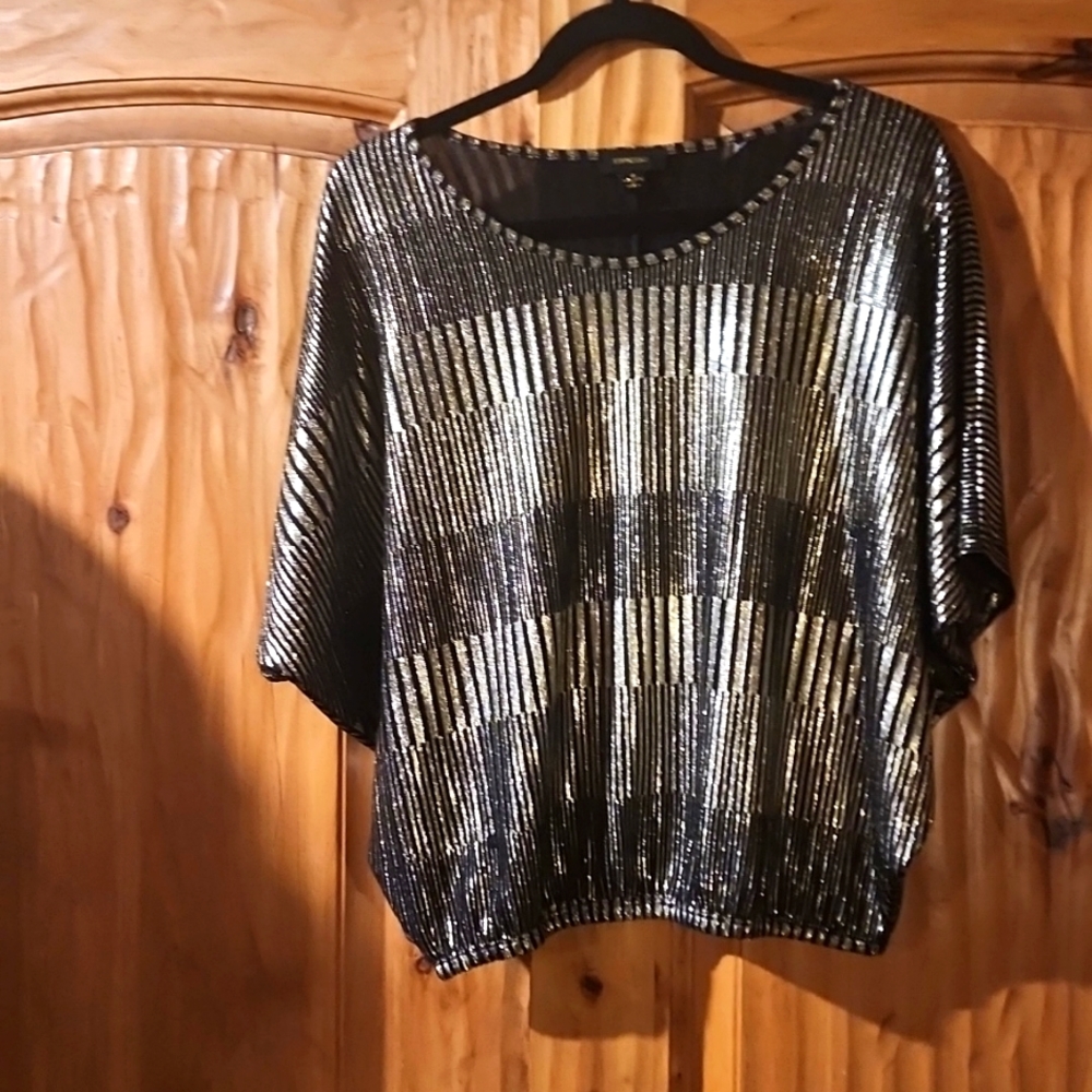 Blouse with shiny gold,platinum and black blouse Dolman sleeves